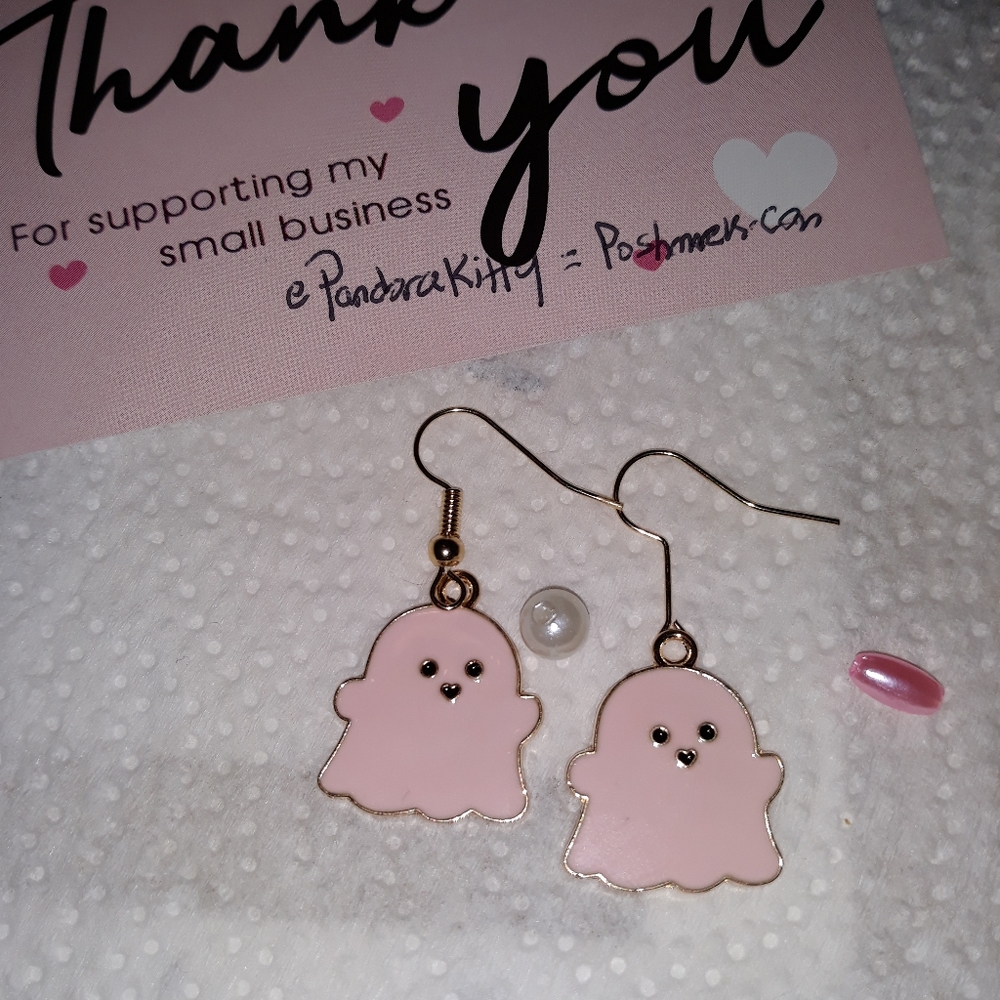Pastel Pink Ghost Halloween Earrings spooky charm 1 pr Handmade NEW - Picture 5 of 6